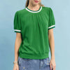 Umgee Puff Sleeve Knit Top with Contrast Rib Trim - GREEN