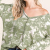 BiBi Tie Dye Print Waffle V Neck Top with Contrast - LT.OLIVE