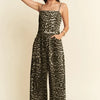 Davi & Dani Leopard Spaghetti Straps Wide Leg Jumpsuit - Mocha Leopard