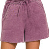 Zenana Acid Wash Fleece Drawstring Shorts With Pockets - EGGPLANT