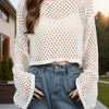 Openwork Round Neck Long Sleeve Cover Up - Cream
