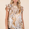Mittoshop Abstract Print Ruffle Short Sleeve Satin Top - Tan