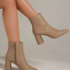 Beast Fashion PU Leather Block Heel Boots with Side Zippers - Nude