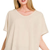 Zenana Ribbed V-Neck Short-Sleeve Knit Top - SAND BEIGE