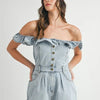 MABLE Off Shoulder Ruffle Detail Denim Romper - Lt Denim