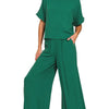 Zenana Round Neck T-Shirt and Wide Leg Pants Set - DK GREEN
