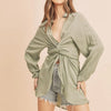 Aemi + Co Tied Collared Neck Long Sleeve Top - Sage