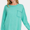 Zenana Full Size Contrast Stitching Brushed Ribbed Hacci Knit Top Plus Size - Turquoise