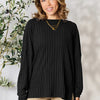 Full Size Ribbed Round Neck Slit Knit Top - Black