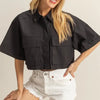 HYFVE Front Pockets Poplin Collared Neck Crop Shirt - Black