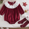 Children's Christmas Velvet Bodysuit and Socks Set - Burgundy
