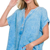 Zenana Washed Double Gauze 3/4 Button Henley Neck Shirt - DEEP SKY