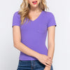 ACTIVE BASIC V-Neck Ribbed Short Sleeve Knit T-Shirt - PURPLE
