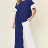 Double Take Full Size Texture Contrast T-Shirt and Wide Leg Pants Set - Royal Blue