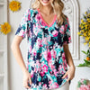 Heimish Full Size Floral V-Neck Short Sleeve T-Shirt - NAVY NEONPINK
