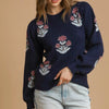 Umgee Floral Knit Sweater with Puff Sleeves - MIDNIGHT