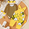 Children's Striped Bodysuit & Overalls & Headband Set - Yellow