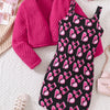 Children's Printed Dress and Cardigan Set - Deep Rose