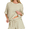 Zenana Striped Short Sleeve Tee & Shorts Set - OLIVE