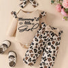 Children's Leopard Ruffled Bodysuit and Pants Set with Headband - Apricot