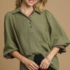 Umgee Half Button Blouse with Leopard Print Trim - Olive