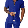 Men's Plus Size Zip Up Short Sleeve Top and Shorts Set - Royal Blue