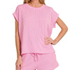 Zenana Raised Rib Cap Sleeve Top & Shorts Set - PINK