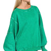Zenana Acid Washed Batwing Sleeve Fleece Sweatshirt - K GREEN