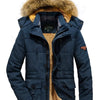 Men's Plus Size Winter Warm Zip Up Coat with Fur Hood - Navy