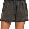 Zenana Mineral Frayed Hem Washed Shorts - ASH BLACK