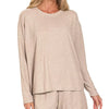 Zenana Soft Melange Long Sleeve Tee and Shorts Set - ASH MOCHA