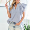 First Love Full Size Striped Flutter Sleeve Blouse - Blue