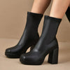 Round Toe Block Heels Boots - Black