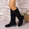 Round Toe Block Heels Boots - Black