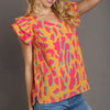 Umgee Full Size Abstract Print V-Neck Double Layer Ruffle Sleeve Blouse Plus Size - Tangerine