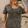 BiBi Washed Notched Short Sleeve Top - Black Charcoal