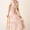 Mittoshop Flower Print Flutter Sleeve V Slit Maxi Dress - PINK