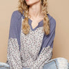 POL Waffle Knit Floral Notched Long Sleeve Top - Dusty Blue