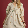 Umgee Corduroy Babydoll Dress with Floral Embroidery - Cream