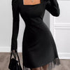Square Neck Puff Sleeve Mesh Hem Dress - Black