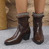 Western Embroidered Trim Boots with Block Heel - Brown