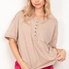 VERY J Twisted Sleeve Band Half Button Top - Taupe
