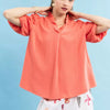 Umgee Linen Scallop Trim V-Neck Blouse - CORAL