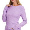 Zenana Ribbed Long Sleeve Round Neck T-Shirt - LAVENDER