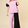 Double Take Full Size Texture Contrast T-Shirt and Wide Leg Pants Set - Pink