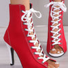 Canvas Lace-Up Peep Toe Stiletto Ankle Boots - Red
