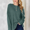 Basic Bae Full Size Ribbed Half Button Long Sleeve High-Low T-Shirt - Army Green