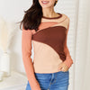 Double Take Color Block Exposed Seam Long Sleeve Top - Brown