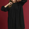 Umgee Linen Ruffle Shoulder Pleated Babydoll Dress - Black