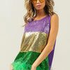 BiBi Mardi Gras Color Block Faux Feather Hem Sequin Top - PURPLE/MUSTARD/GREEN